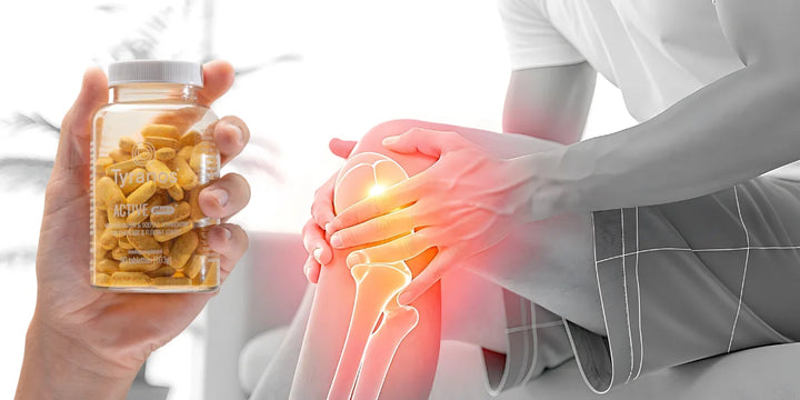 Wit zwarte foto van een close up van een man die zijn knie vast heeft. Rond zijn knie is het rood aangeduid als aanduidelijk dat hij pijn heeft door artrose