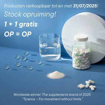 Close-up van het product Tyranos Protect. met HMB wat een 100% natuurlijk voedingssupplement is