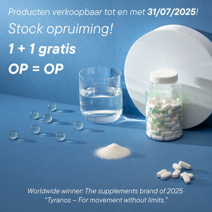 Close-up van het product Tyranos Protect. met HMB wat een 100% natuurlijk voedingssupplement is